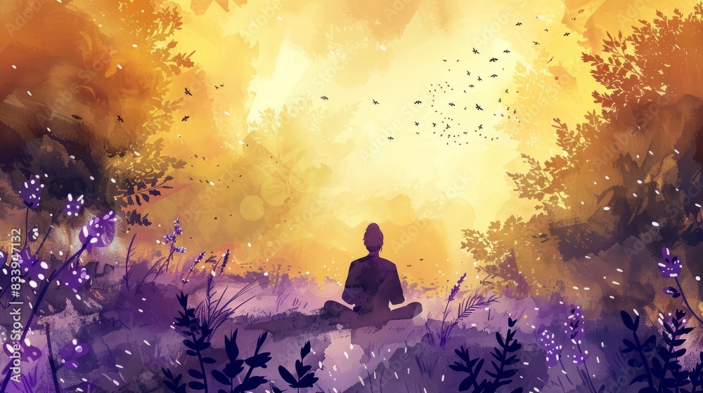 Finding peace in nature's embrace. Digital painting of a person meditating in a serene, golden sunset forest, promoting mindfulness and nature connection. Finding peace in nature's embrace. Digital painting of a person meditating in a serene, golden sunset forest, promoting mindfulness and nature connection.