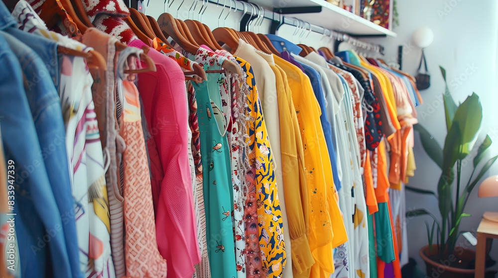A vibrant display of shirts in various colors hangs on a rack in a clothing store A vibrant display of shirts in various colors hangs on a rack in a clothing store