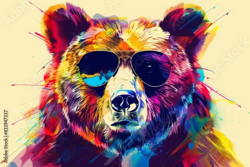 Abstract colorful illustration of bear with sunglasses. AI generative art