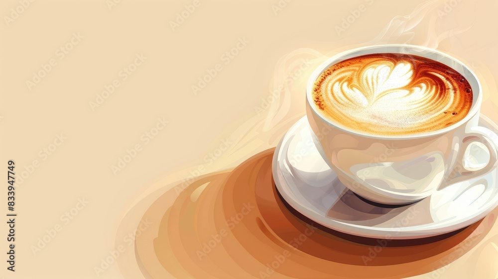 A steaming cup of cappuccino with latte art on a plain beige background, perfect for a web banner. A steaming cup of cappuccino with latte art on a plain beige background, perfect for a web banner.