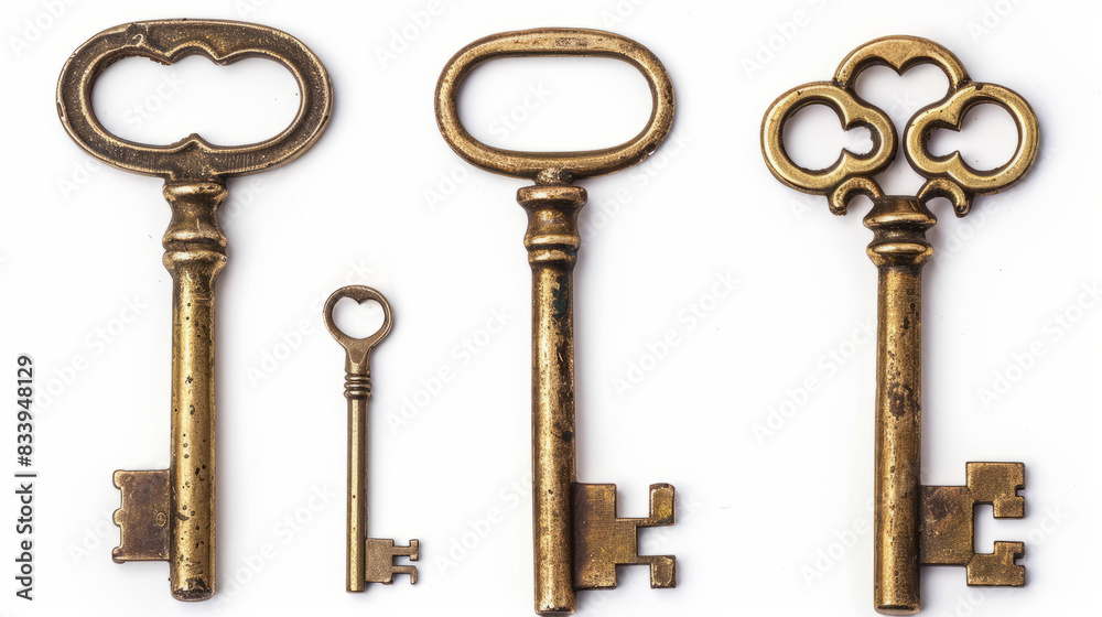 Antique keys on white background. Four antique keys in a row, isolated on a white background with slight shadows. Concepts of history, security, and mystery. Antique keys on white background. Four antique keys in a row, isolated on a white background with slight shadows. Concepts of history, security, and mystery.