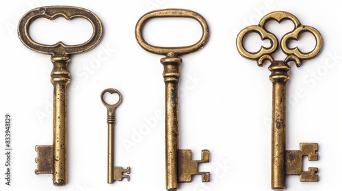 Antique keys on white background. Four antique keys in a row, isolated on a white background with slight shadows. Concepts of history, security, and mystery. © Lull