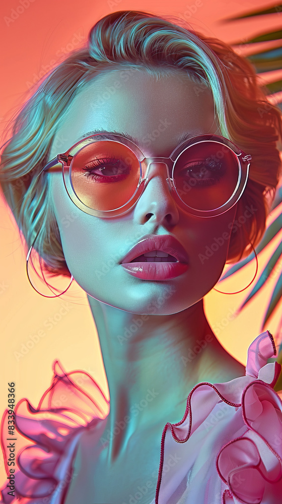 Fototapeta premium Retro style pastel colors summer background. Fashion woman wearing big sunglasses.