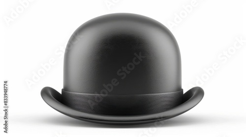 Classic black bowler hat on white background. Stylish black bowler hat isolated on a white background, perfect for fashion, history, or costume design projects. photo