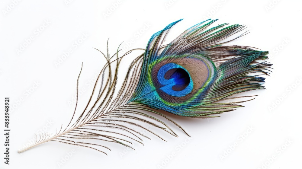 Fototapeta premium Vibrant peacock feather on white. A single peacock feather with bright blue and green details, set against a clean white background.