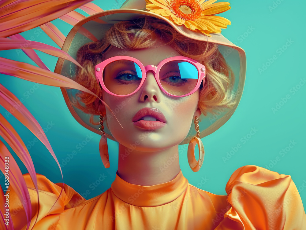 Obraz premium Retro style pastel colors summer background. Fashion woman wearing big sunglasses.