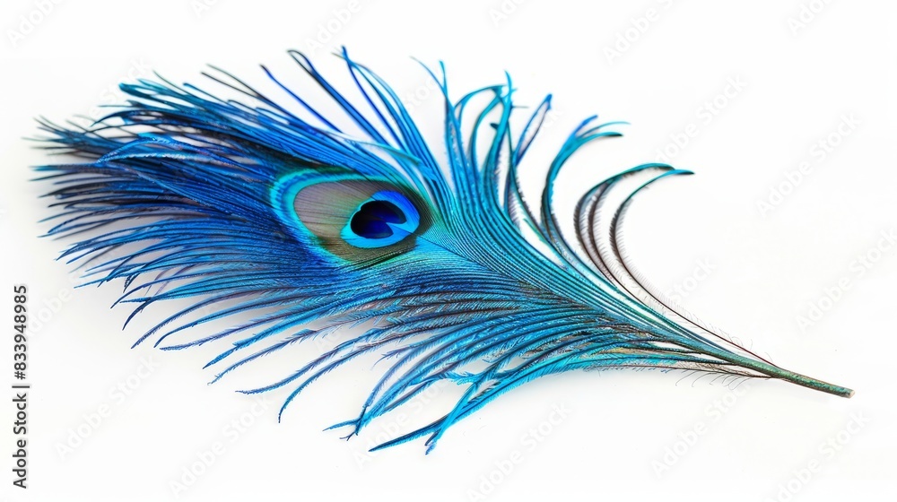 Obraz premium Blue peacock feather on white. Vibrant blue peacock feather isolated on a white background, perfect for nature, beauty, or design projects.