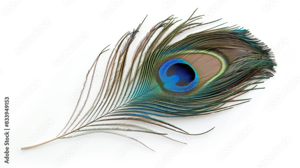 Obraz premium Single peacock feather on white. Vibrant peacock feather isolated on a white background, perfect for nature, beauty, and design projects.
