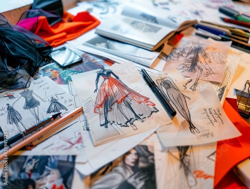 Fashion sketches scattered on a table Representing the creative process and flow of ideas