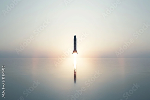 A lone rocket emoji soaring towards the horizon, its silhouette defined sharply against the brilliance of the solid white background. photo