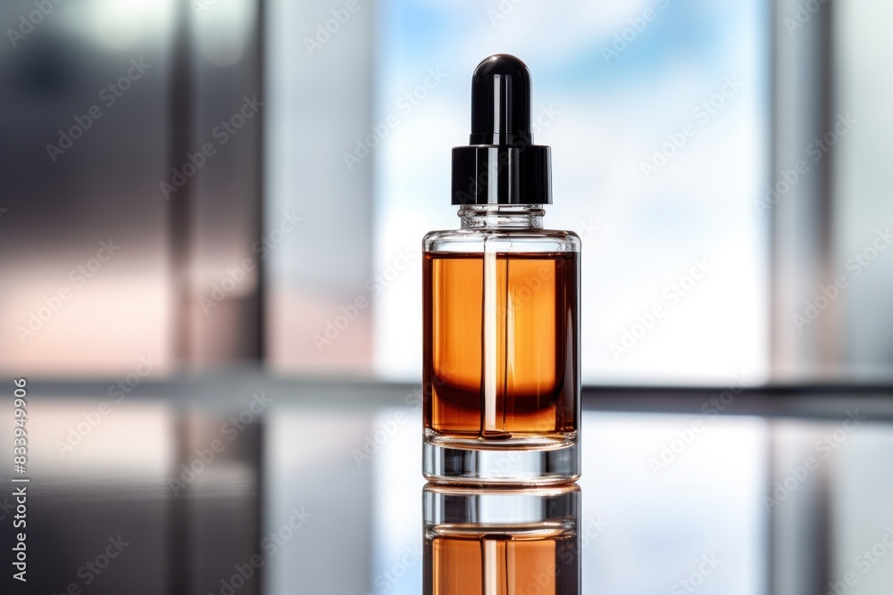 Amber Dropper Bottle on Reflective Surface Amber Dropper Bottle on Reflective Surface