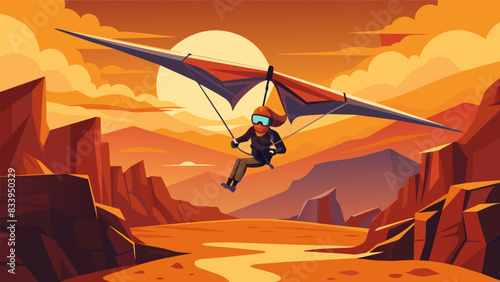 Using the VR hang glider you travel virtually through a desert landscape feeling the heat and intensity as you maneuver through sand dunes and over. Vector illustration