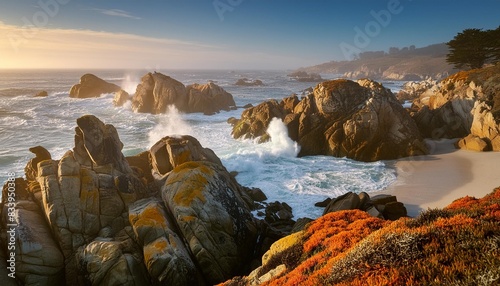 waves crash on colorful lichen and barnacle covered boulders on he rocky coast of asilomar state park near monterey california photo