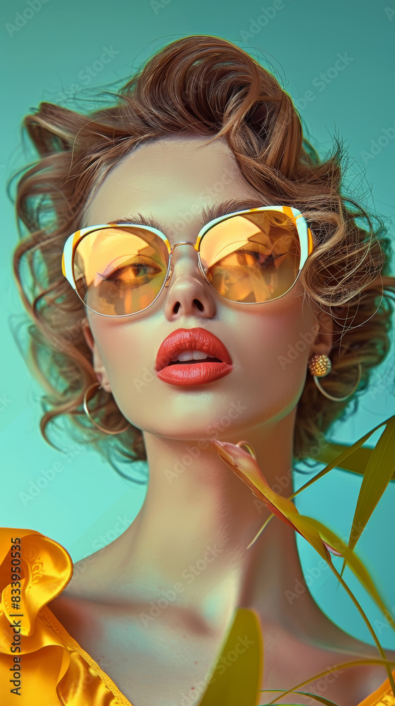 Fototapeta premium Retro style pastel colors summer background. Fashion woman wearing big sunglasses.