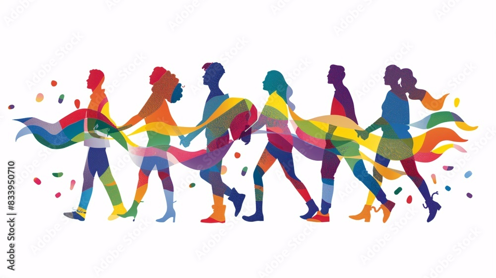 Obraz premium 15. Diverse LGBTQ+ friends walking hand-in-hand, with vibrant rainbow banners and a festive mood, white background, full color