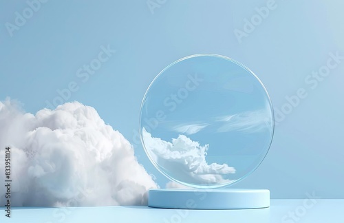 Floating cloud encapsulated in a transparent sphere against a blue background  illustrating modern artistic design and surreal creativity.  