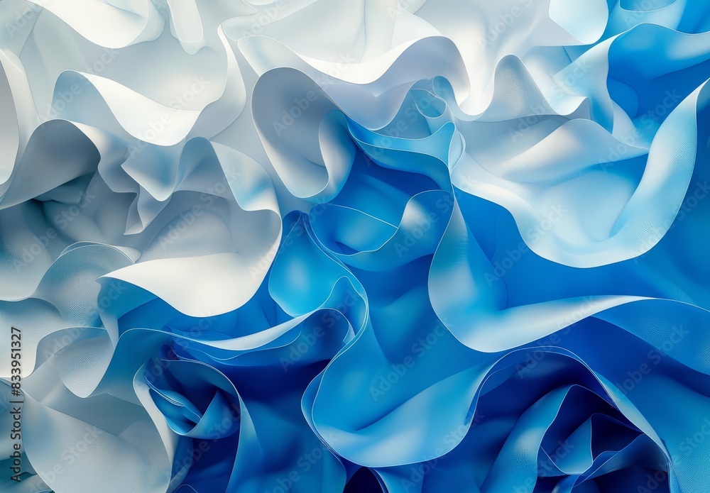 Obraz premium Abstract texture of flowing white and blue fabric, creating a soft and dynamic visual effect, representing modern design and artistic creativity.
