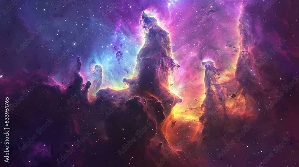 A colorful space scene with a purple cloud in the middle A colorful space scene with a purple cloud in the middle
