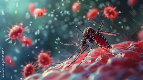 Highly detailed and close-up illustration of a mosquito in the process of feeding on blood, with a focus on the area where the mosquito's proboscis pierces the skin