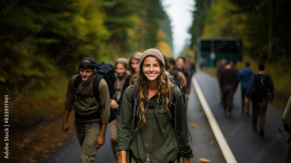 Fototapeta premium Confident young woman leading a group of backpackers on a forested road, symbolizing adventure and leadership