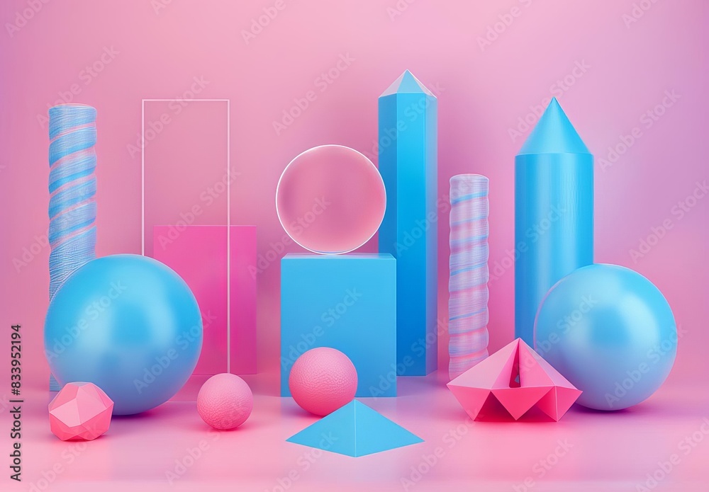 custom made wallpaper toronto digitalAbstract arrangement of pastel-colored geometric shapes and spheres on a blue background, illustrating modern design and creativity.