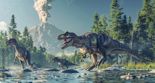 Realistic depiction of dinosaurs in a prehistoric landscape with mountains and forests, showcasing the Mesozoic era and wildlife.

 photo