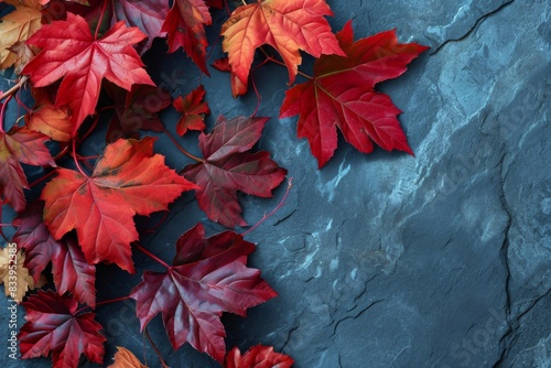 Autumn background with colored red leaves on a blue slate background. Top view  copy space  AI-Generated  