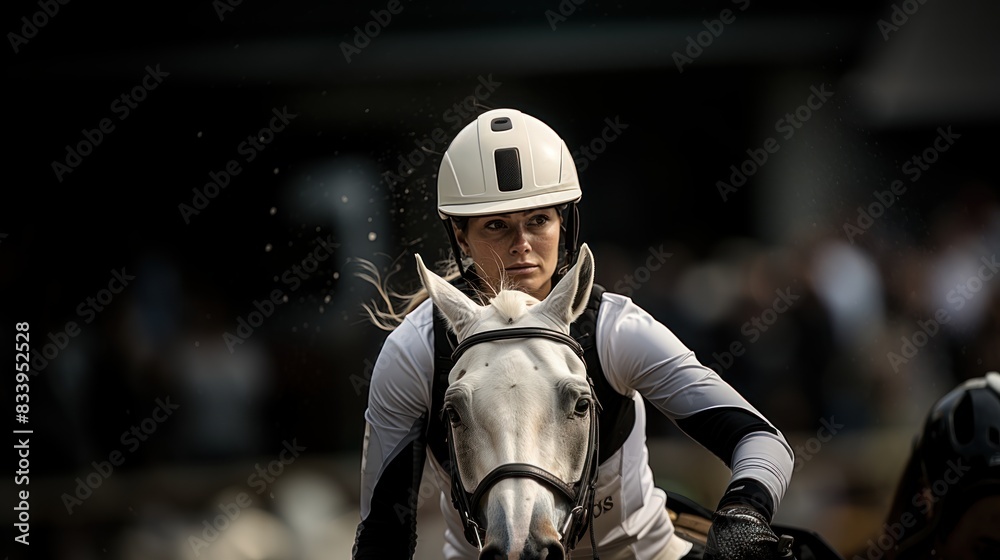 Naklejka premium A focused equestrian riding a white horse during a competition, conveying determination and skill