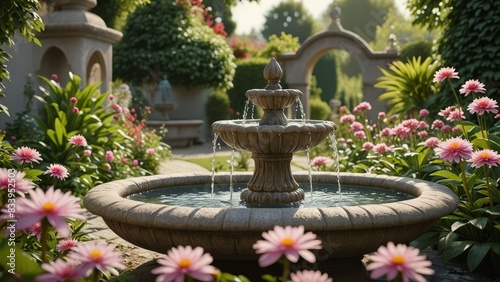 A Tranquil Garden with Blooming Flowers and a Small Fountain, Photographed to Highlight the Idyllic Scene in Hyperrealistic Cinematic Style