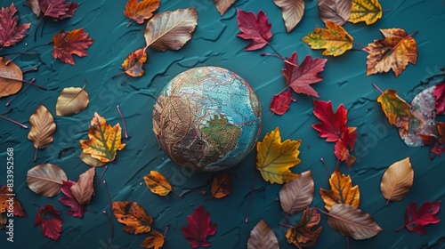 A globe is sitting on top of a pile of autumn leaves