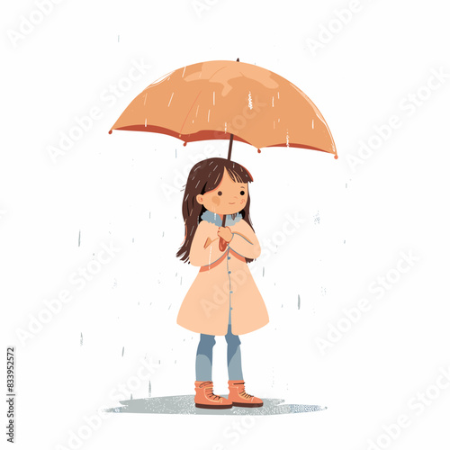 vector little girl with an umbrella in the rain on a white background .Generative AI