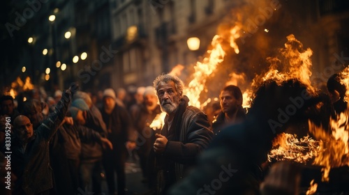 In a fiery protest scene, a man holds a flare aloft amid a crowd of demonstrators photo