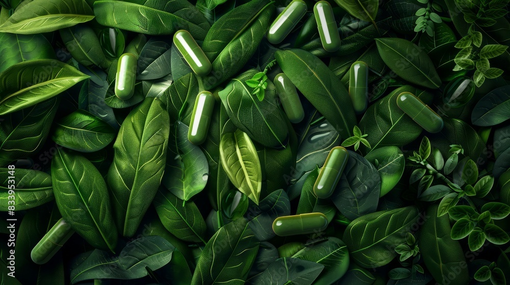 Fototapeta premium Herbal medicine in capsules made from herb leaves, top view