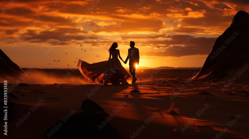 A romantic silhouette of a couple in a desert at sunset, symbolizing love and togetherness in nature