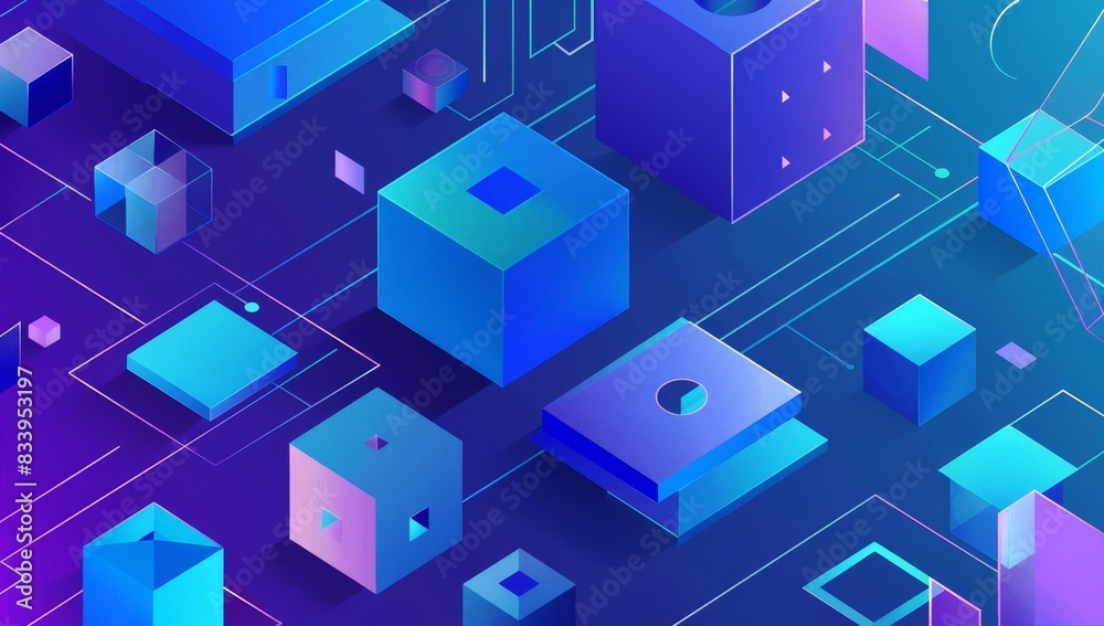 Geometric Digital Art with Blue and Purple Cubes and Lines Geometric Digital Art with Blue and Purple Cubes and Lines