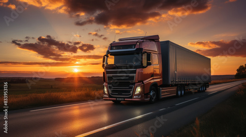 A semi-truck transporting goods on a highway during a scenic sunset photo