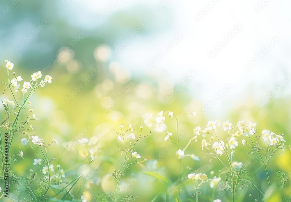 Green Grass and Tiny White Flowers with Bokeh Effect in Morning Light Green Grass and Tiny White Flowers with Bokeh Effect in Morning Light