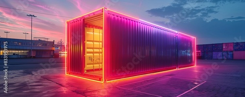 Neon-lit Shipping Container at Dusk photo