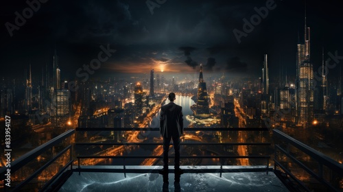 A solitary figure stands before a sprawling nocturnal cityscape, evoking a sense of contemplation and future possibilities © AS Photo Family