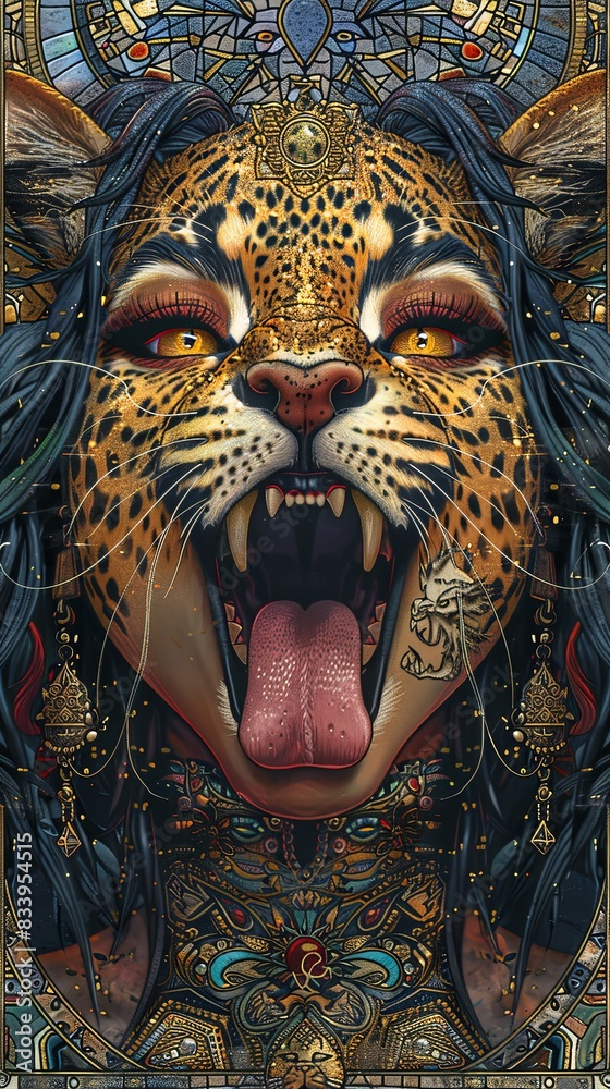 Obraz premium A woman with a leopard's face is shown with a tongue sticking out