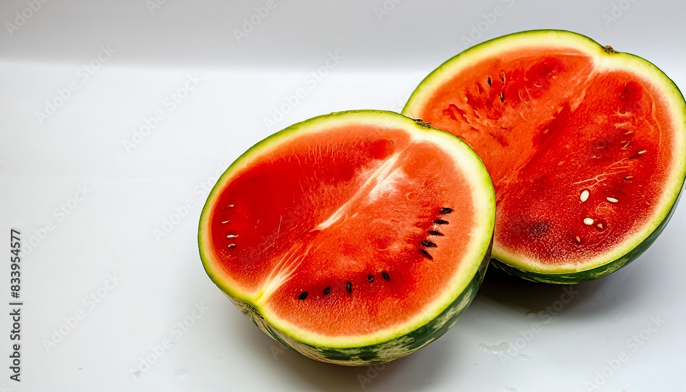 Two Halves Of A Juicy Watermelon With Bright Red Flesh, Green Rind, And Black And White Seeds Two Halves Of A Juicy Watermelon With Bright Red Flesh, Green Rind, And Black And White Seeds