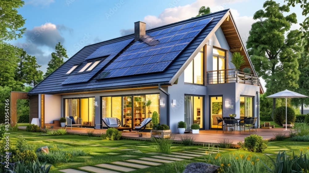 New suburban house with a photovoltaic system on the roof. Modern eco friendly passive house with landscaped yard. Solar panels on the gable roof New suburban house with a photovoltaic system on the roof. Modern eco friendly passive house with landscaped yard. Solar panels on the gable roof