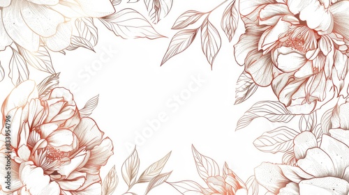 Peonies floral  luxury botanical on white background vector  empty space in the middle to leave room for text or logo  gold line wallpaper  leaves  flower  foliage  hand drawn