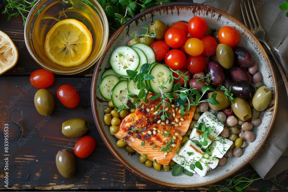 Plate of food with fish, olives, tomatoes, cucumbers, mediterranean diet Plate of food with fish, olives, tomatoes, cucumbers, mediterranean diet