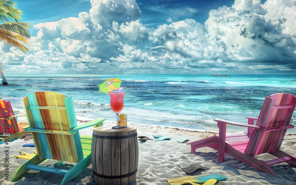 A beach scene with colorful beach chairs, a refreshing cocktail on a side table, and a panoramic view of the ocean and sky A beach scene with colorful beach chairs, a refreshing cocktail on a side table, and a panoramic view of the ocean and sky
