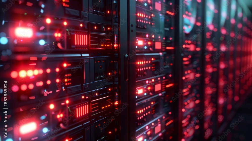 Row of network servers with glowing LED lights. Row of network servers with glowing LED lights.