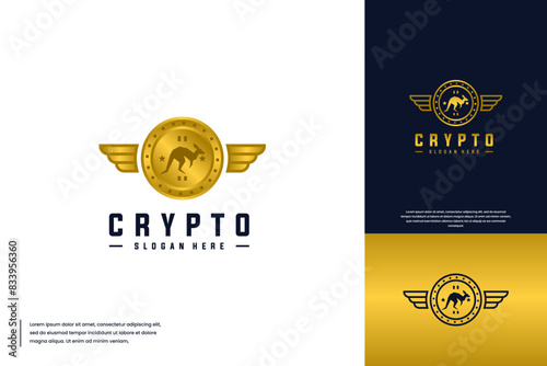 kangaroo logo with combination of digital currency, crypt coin, investment, logo design technology.