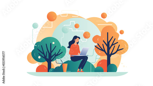 a woman working on a laptop in the garden vector flat illustration