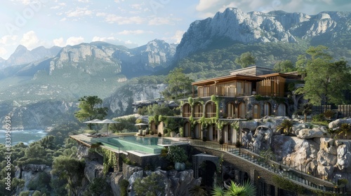 Under construction villa in mountains, near coastline, with luxury facilities and design. © Johannes