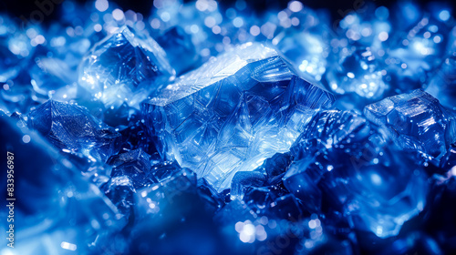 Icy blue crystals with a dark background, capturing their intricate facets and shimmering reflections. Beautiful blue background.